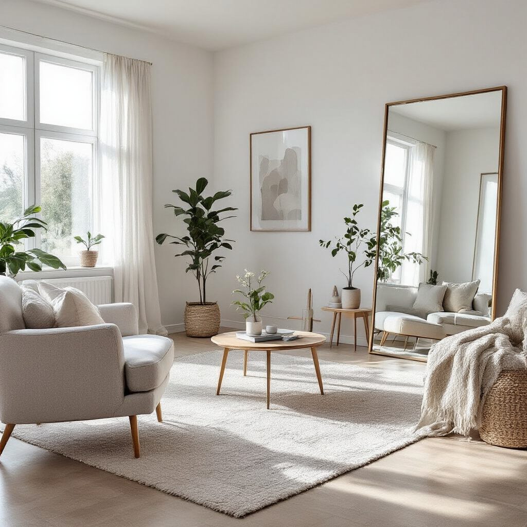 Create a realistic image of a bright, spacious living room after decluttering, with strategically placed mirrors reflecting natural light, minimalist furniture arranged for optimal flow, and a few carefully chosen decorative items on display, showcasing the transformation from cramped to open and inviting.