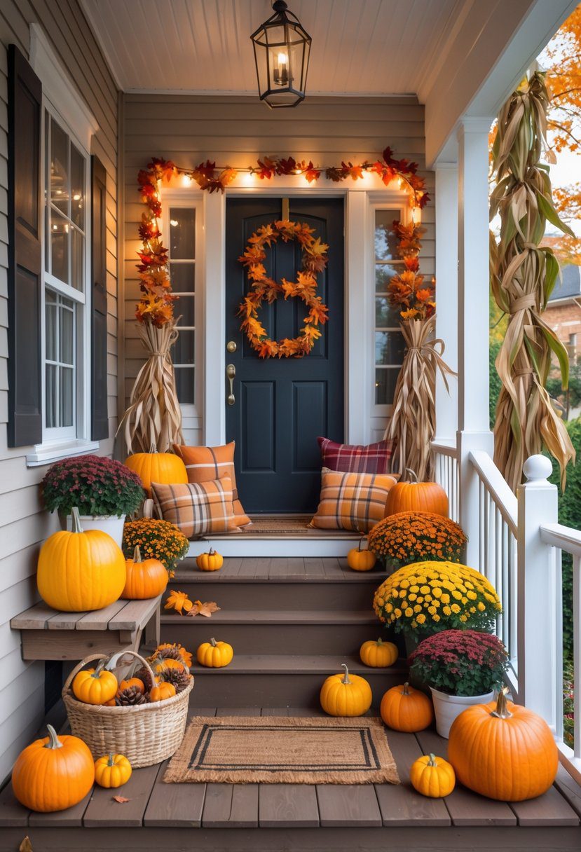 A fall porch decorated with pumpkins, colorful cushions, blankets, potted mums, lanterns, and autumn leaves.