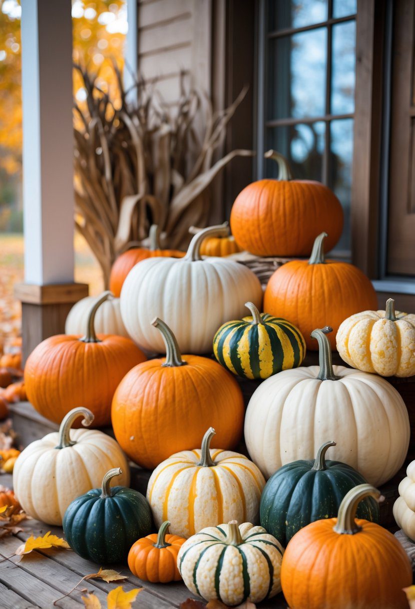 An arrangement of various pumpkins and gourds in different colors and sizes displayed on a wooden porch with autumn leaves around.
