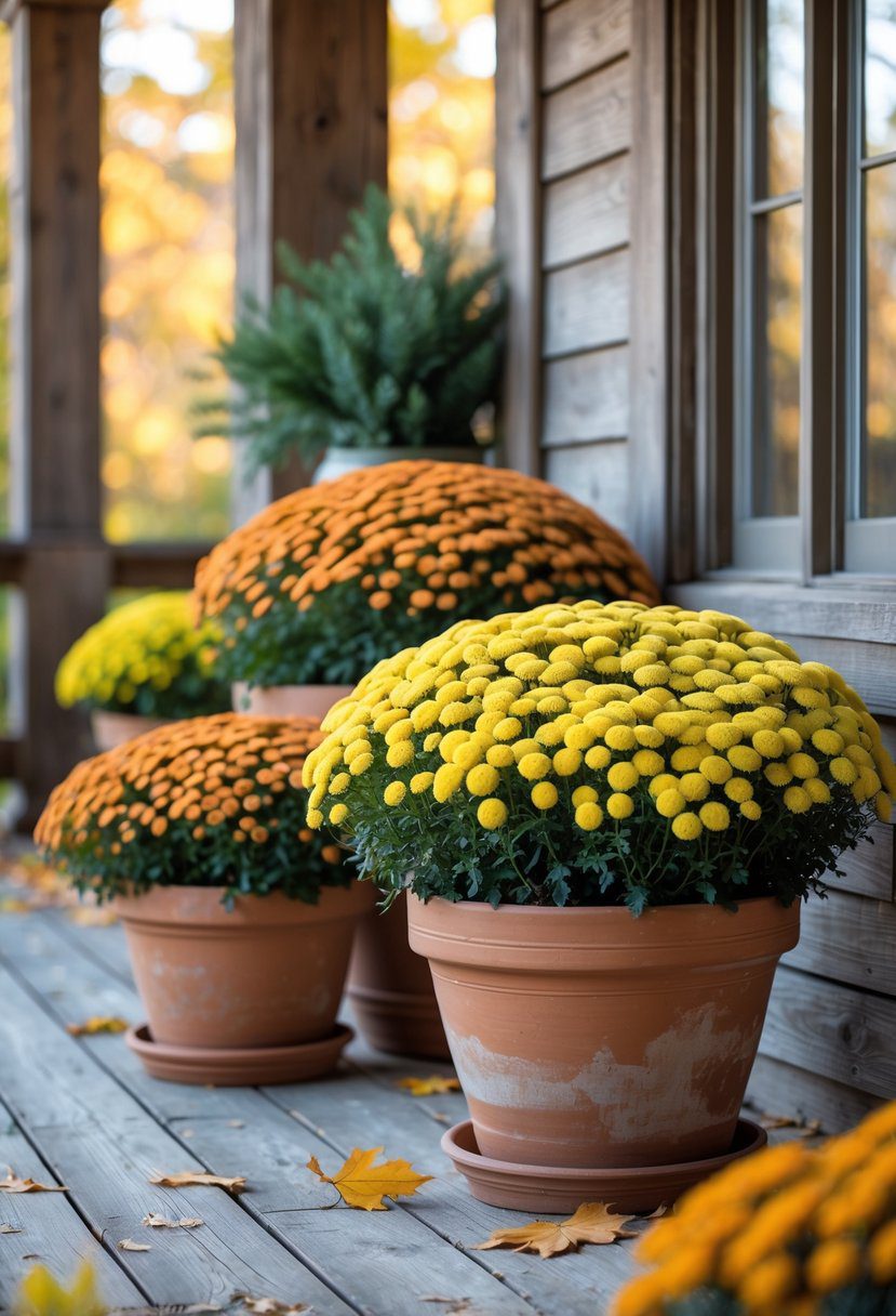 Rustic terracotta pots with yellow and orange mums placed at the corners of a wooden porch with fallen autumn leaves nearby.