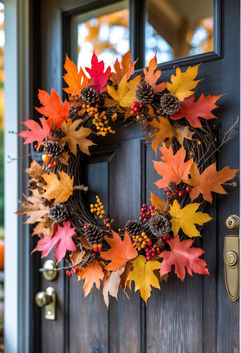 A fall leaf wreath made of mixed colorful leaves hanging on a wooden front door with pumpkins on the porch.