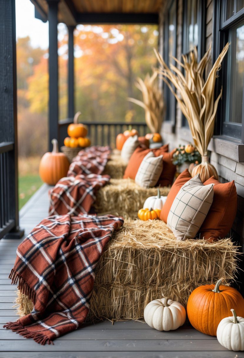 Hay bale seats covered with plaid blankets arranged on a porch decorated with pumpkins and autumn plants.