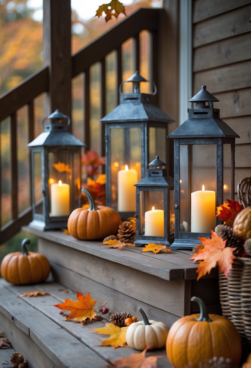 A fall porch with vintage lanterns holding glowing battery-operated candles surrounded by pumpkins, autumn leaves, and pinecones.