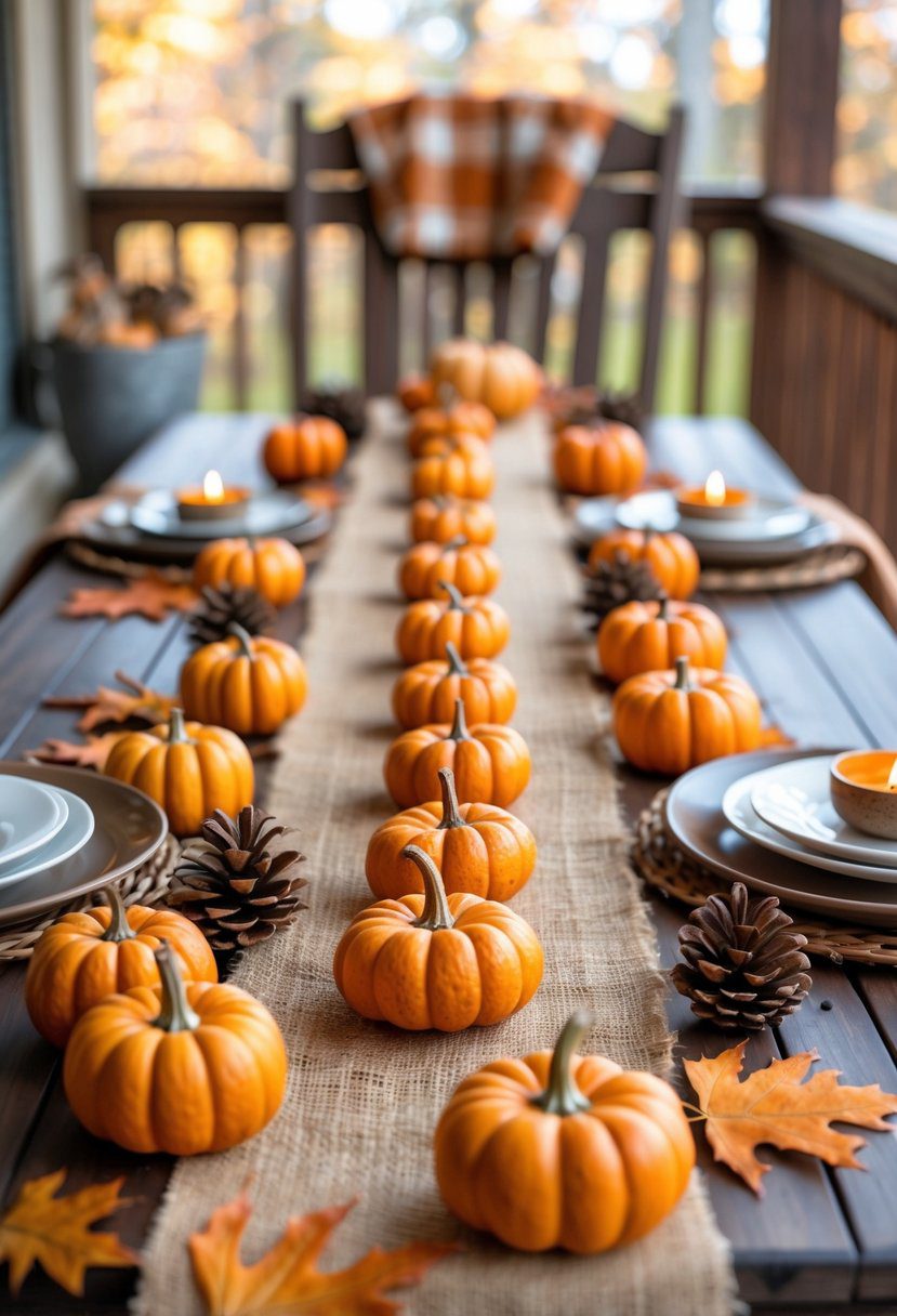 A wooden table on a porch with a burlap runner decorated with small orange pumpkins and autumn accents.