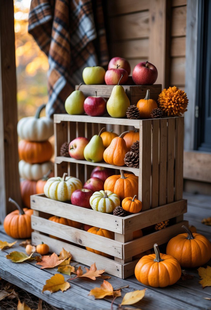 A natural wood crate filled with seasonal fall fruits on a wooden porch surrounded by autumn leaves.