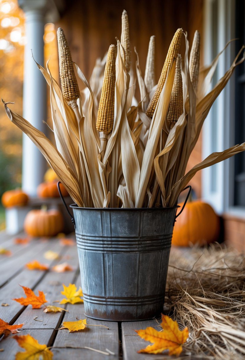 A rustic metal bucket filled with dried corn stalks sitting on a wooden porch floor with autumn leaves and pumpkins in the background.