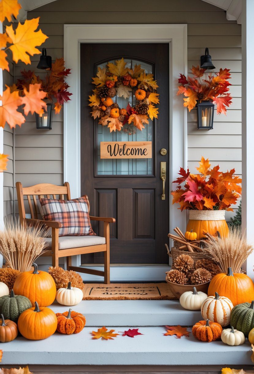 A front porch decorated with pumpkins, colorful autumn leaves, gourds, and cozy cushions creating a warm fall scene.