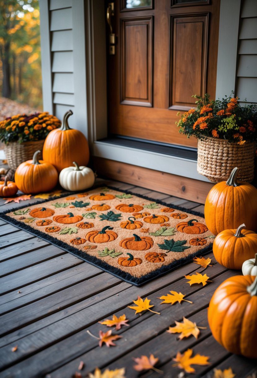 A fall porch with a festive doormat decorated with pumpkins and autumn leaves, surrounded by pumpkins and scattered fall leaves.