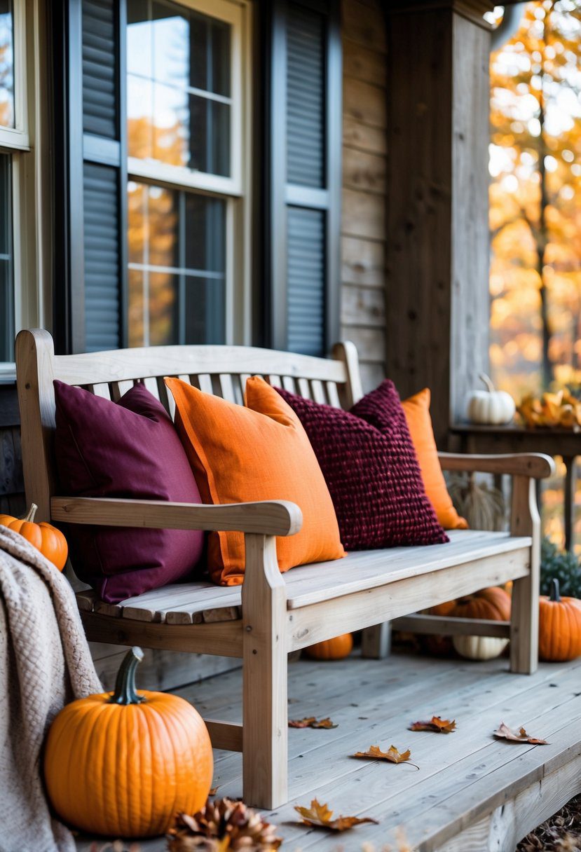 A wooden porch bench with orange and burgundy throw pillows surrounded by fall decorations.