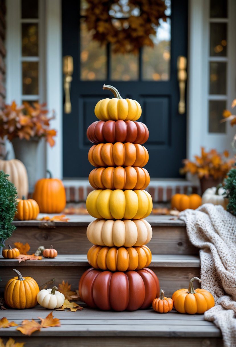 A stack of wooden pumpkins painted in fall colors arranged on a porch step with autumn decorations around them.