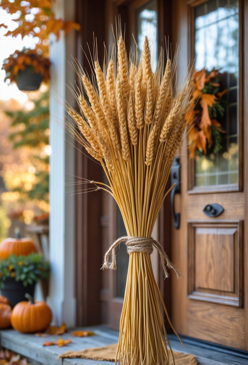 A wheat sheaf tied with jute rope hanging near a wooden front door on a fall porch with autumn decorations.