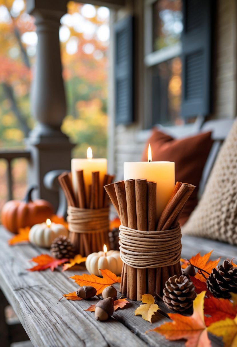 Candle holders wrapped in cinnamon sticks on a wooden porch table surrounded by fall decorations including pumpkins, colorful leaves, pine cones, and acorns.