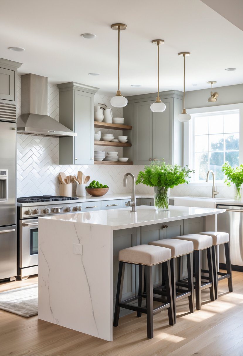 A modern kitchen featuring a marble countertop, gray cabinets, kitchen island with bar stools, stainless steel appliances, and natural light from a large window.