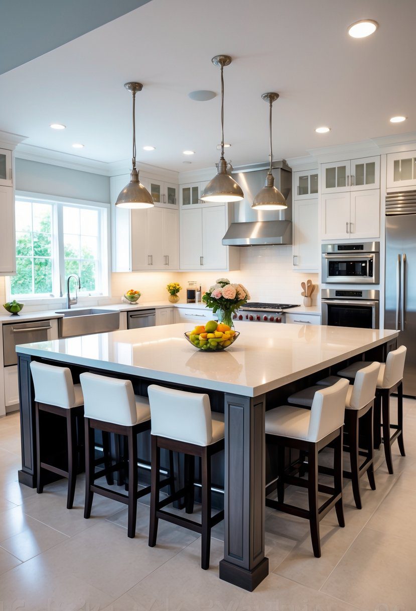A spacious kitchen with a large island featuring built-in storage and seating with bar stools.