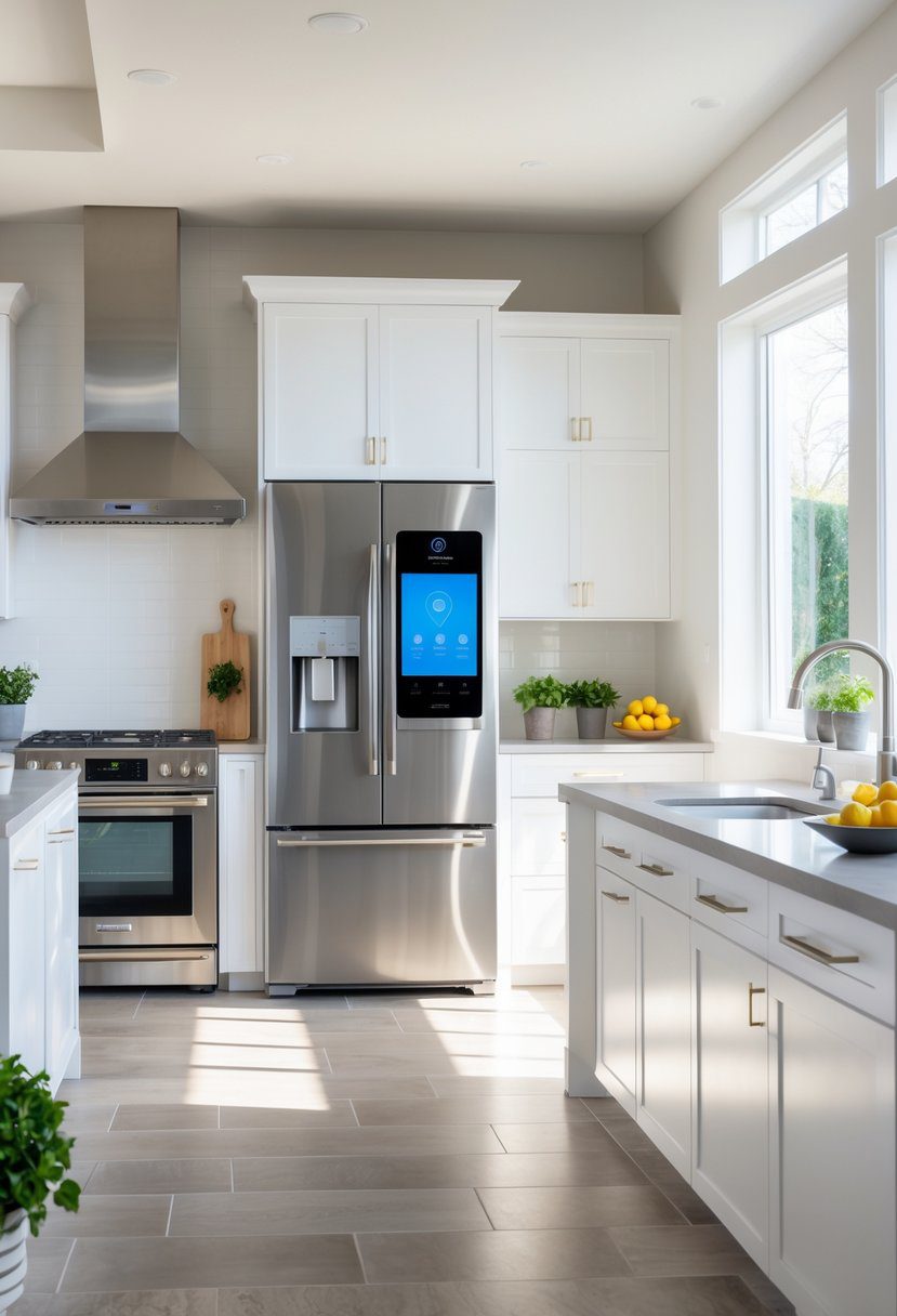 A modern kitchen with a Wi-Fi-enabled refrigerator, stainless steel appliances, white cabinets, and a large island countertop.