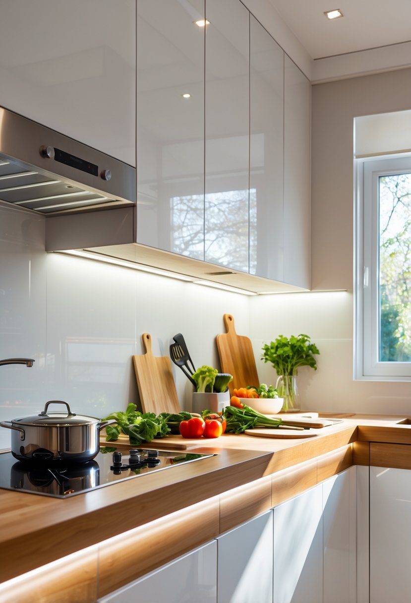 A modern kitchen countertop illuminated by under-cabinet LED lights with fresh vegetables and cooking utensils arranged neatly.