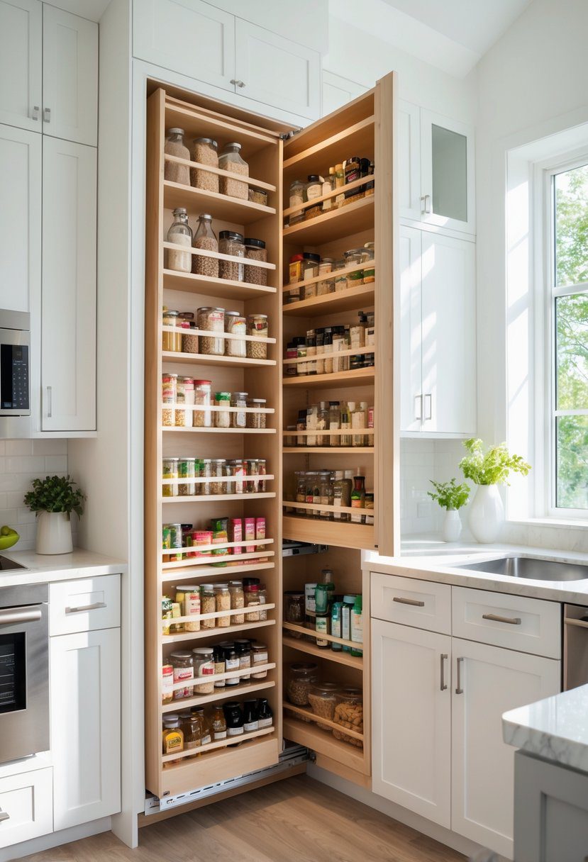 A modern kitchen with a pull-out pantry open, showing organized shelves with food items inside white cabinets.