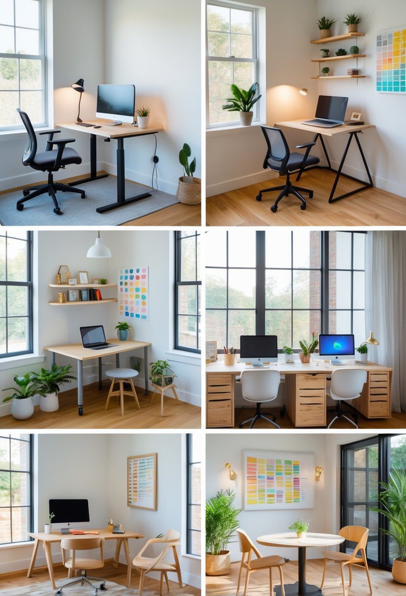 A bright room displaying eight different small office setups, each with unique furniture and decor, arranged neatly to showcase various workspace ideas.