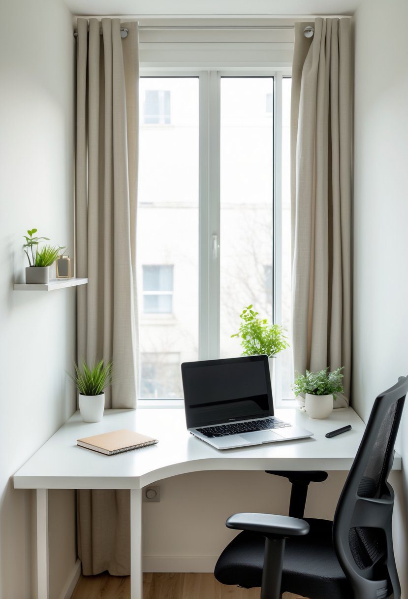 A modern corner desk setup in a small office with a laptop, plant, and office chair near a window.