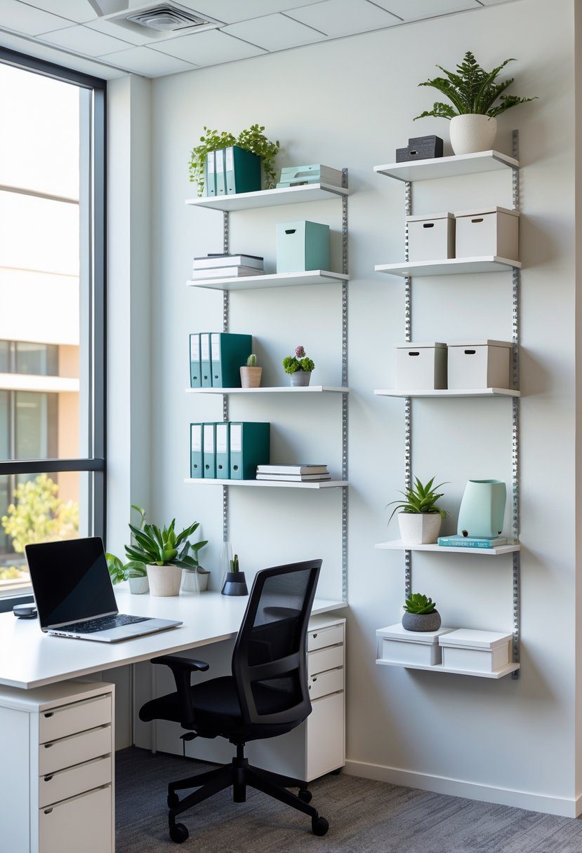 A modern office with wall-mounted shelves holding office supplies and plants above a desk with a laptop and chair.