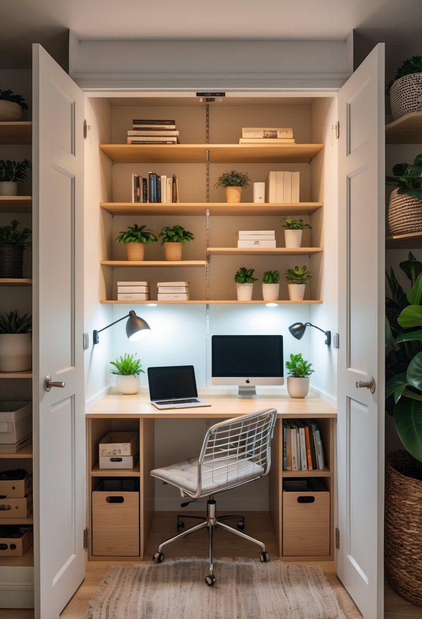 A small workspace inside an open closet with custom shelves, a desk, laptop, books, plants, and organized office supplies.