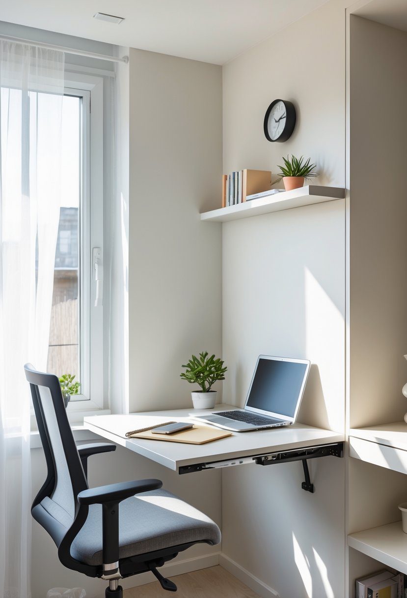 A small home office corner with a fold-down desk open and in use, a laptop and plant on the desk, and a chair in front of it.