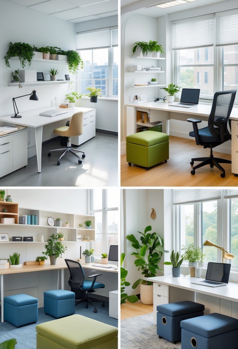 A small modern office with multiple workstations featuring storage ottomans and organized compact furniture.