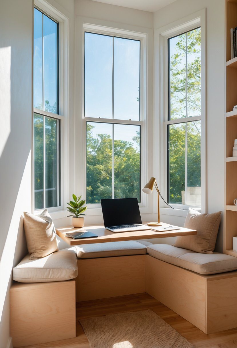 A small home office nook with a wooden desk and laptop by a sunlit window with cushions on the window seat.