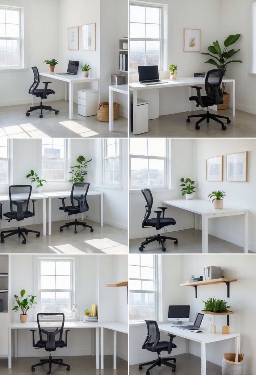 A small office room with slim desks arranged to keep the space open, featuring laptops, chairs, plants, and shelves.