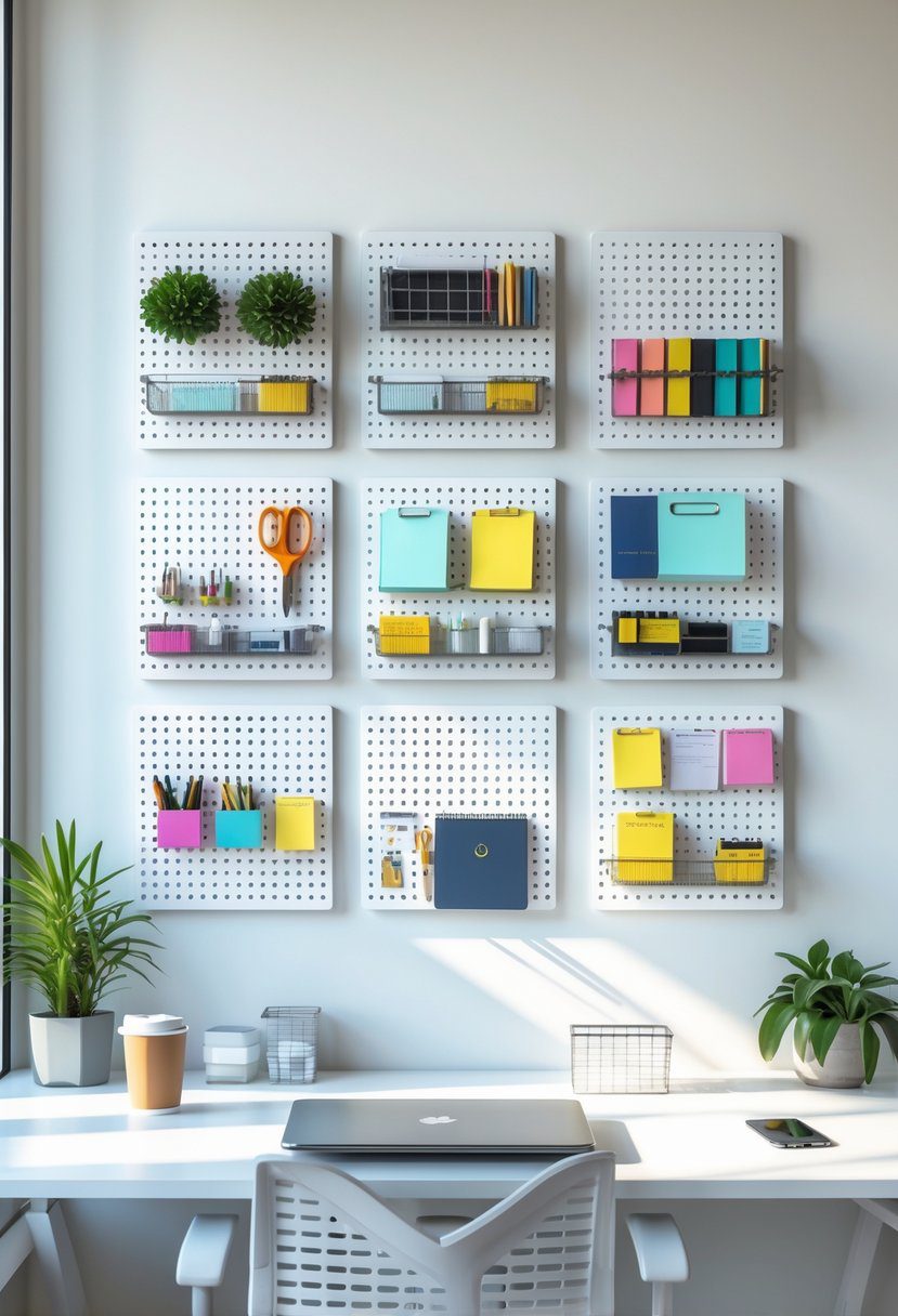 A modern office workspace with pegboards on the wall organizing various office supplies above a tidy desk.