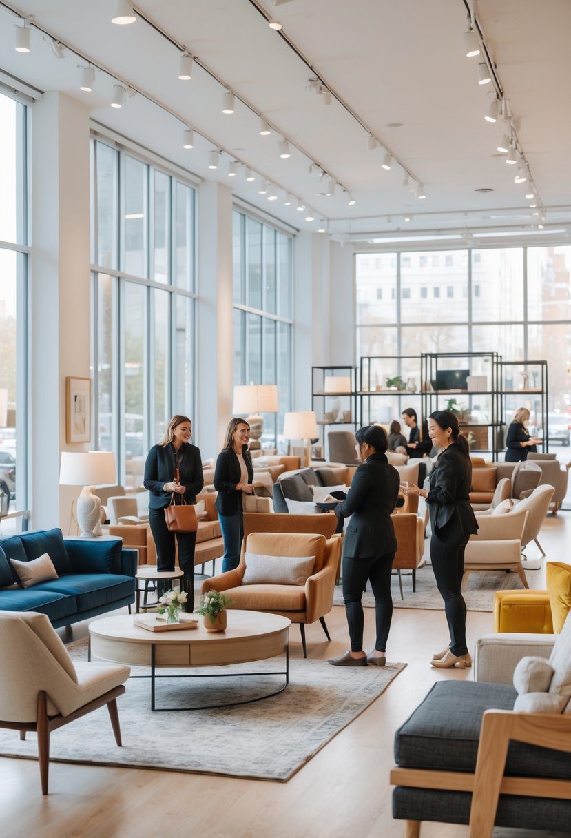 Customers browsing and shopping for furniture in a bright, modern furniture store with various sofas, chairs, and tables on display.