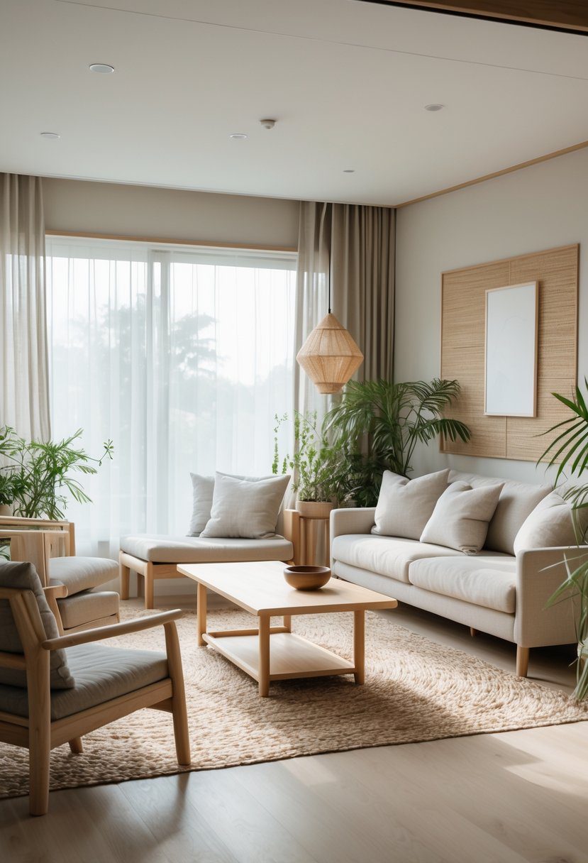 A bright and minimalist living room with light wood furniture, soft cushions, green plants, and natural light coming through large windows.