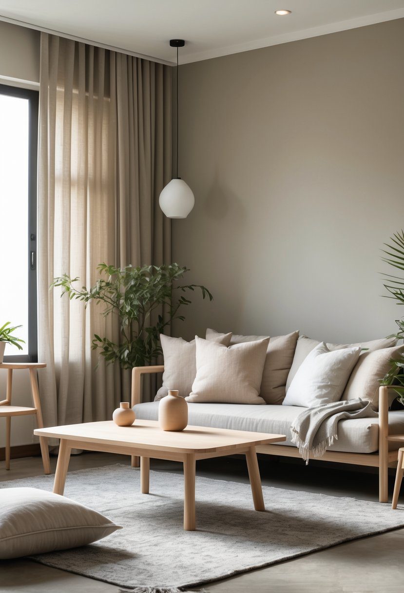 A calm living room with beige and grey tones, featuring a wooden coffee table, sofa, plants, and soft natural lighting.