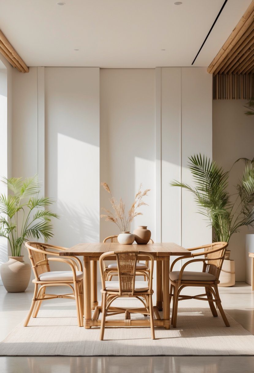 A bright and airy room with wooden furniture, bamboo chairs, and rattan accents, decorated with plants and simple decor.