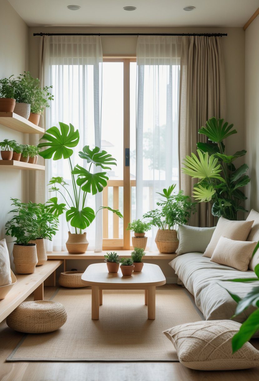 A calm indoor living room with wooden furniture and several green indoor plants placed around the space.