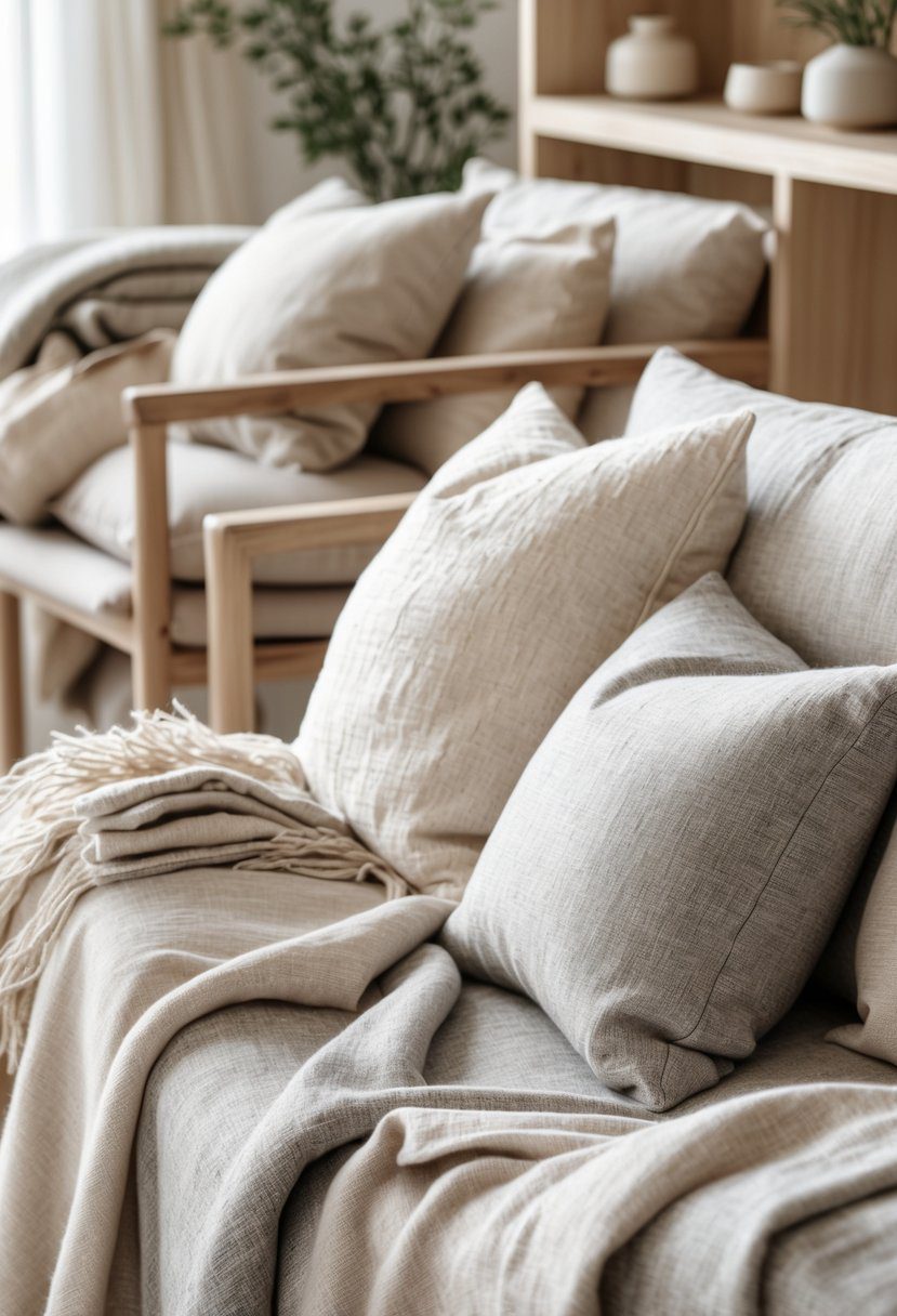 A cozy interior with soft linen and wool cushions on a wooden chair, natural light illuminating the space.