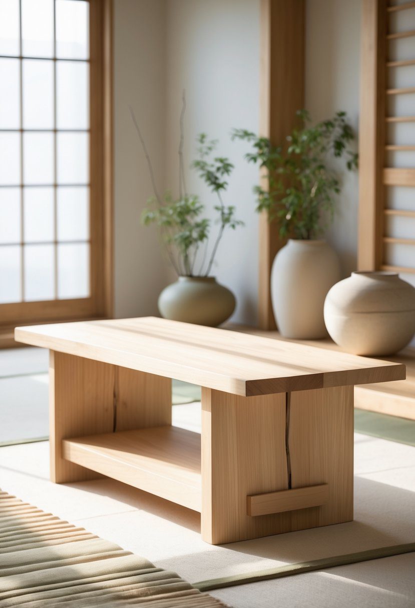 A close-up view of a handcrafted wooden joinery piece in a calm, minimalist interior with natural light and simple decor.