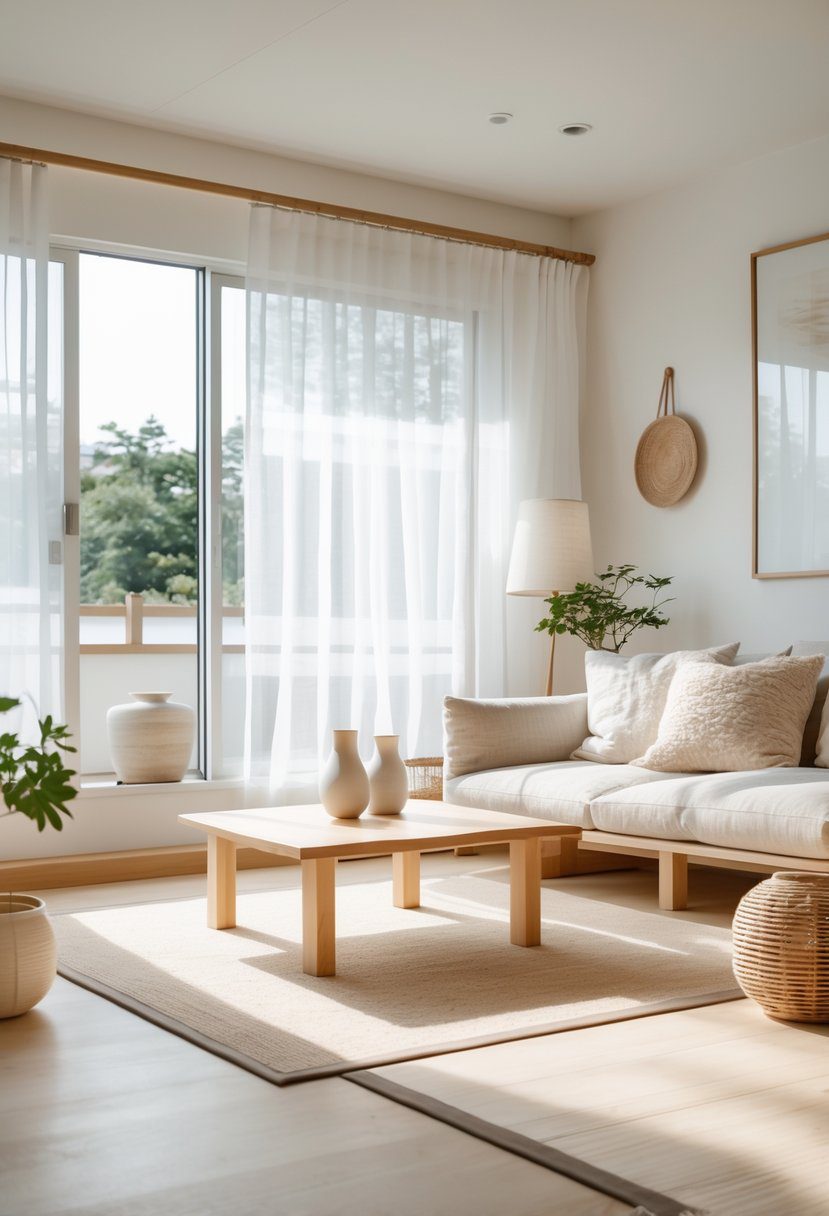 A bright living room with a wooden coffee table, a neutral sofa, green plants, and soft natural light coming through large windows.