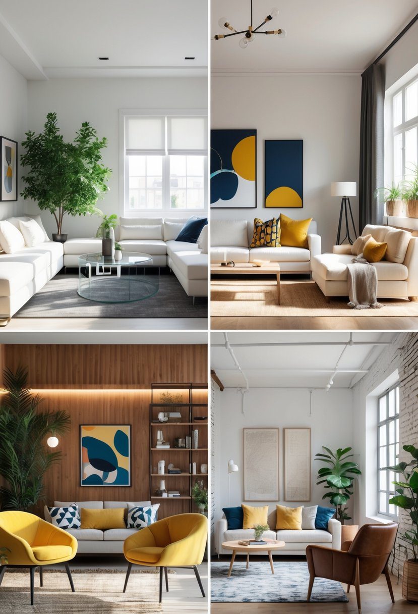 Five different living rooms arranged side by side, each with distinct furniture, lighting, and decor elements.