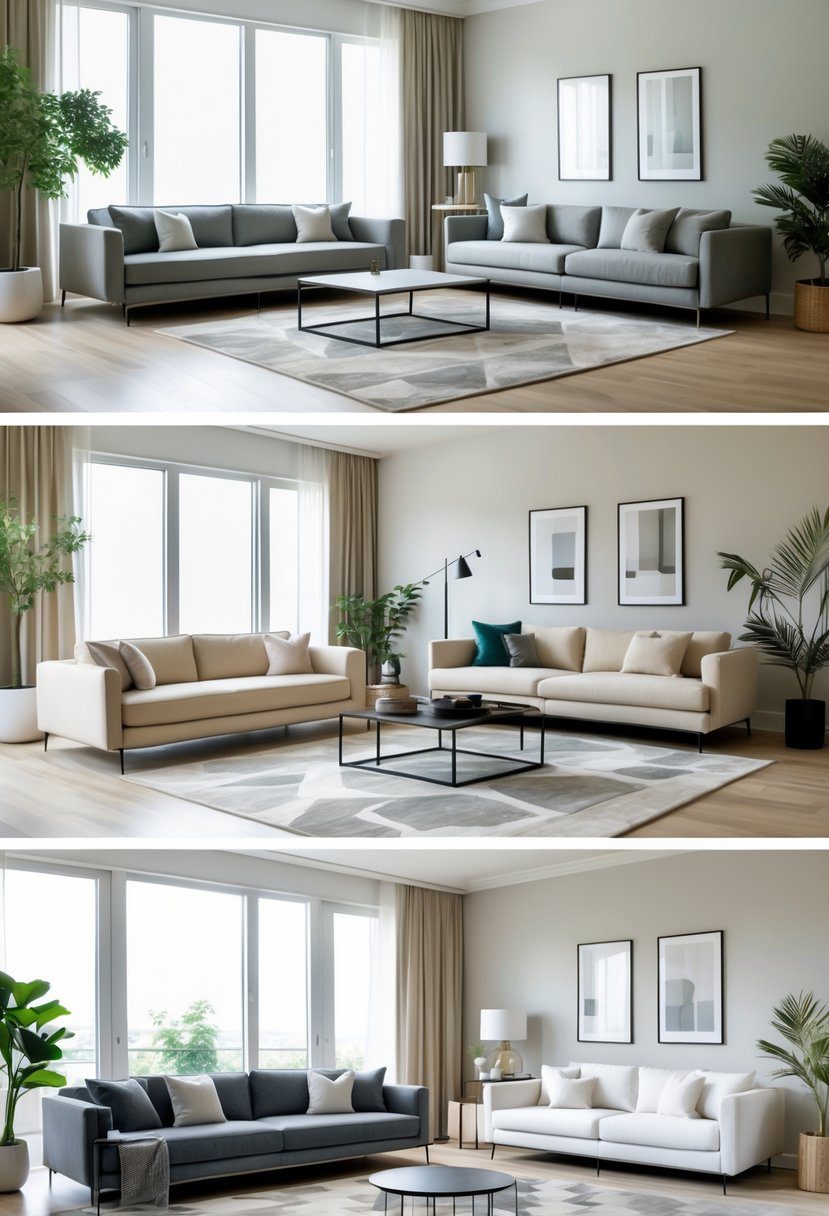 A bright living room with several slim sofas arranged with coffee tables, rugs, and plants, illuminated by natural light from large windows.