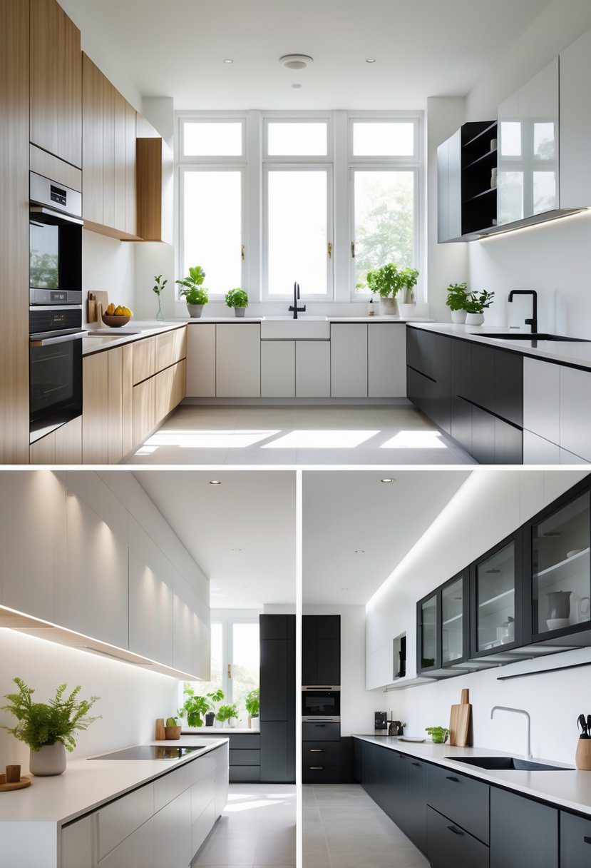 A kitchen interior displaying ten different styles of kitchen cabinets in various materials and finishes.