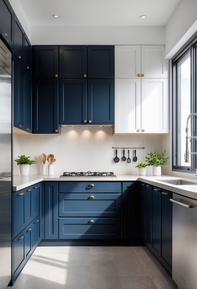 A modern kitchen with navy blue lower cabinets and white upper cabinets, a light countertop, and stainless steel appliances.