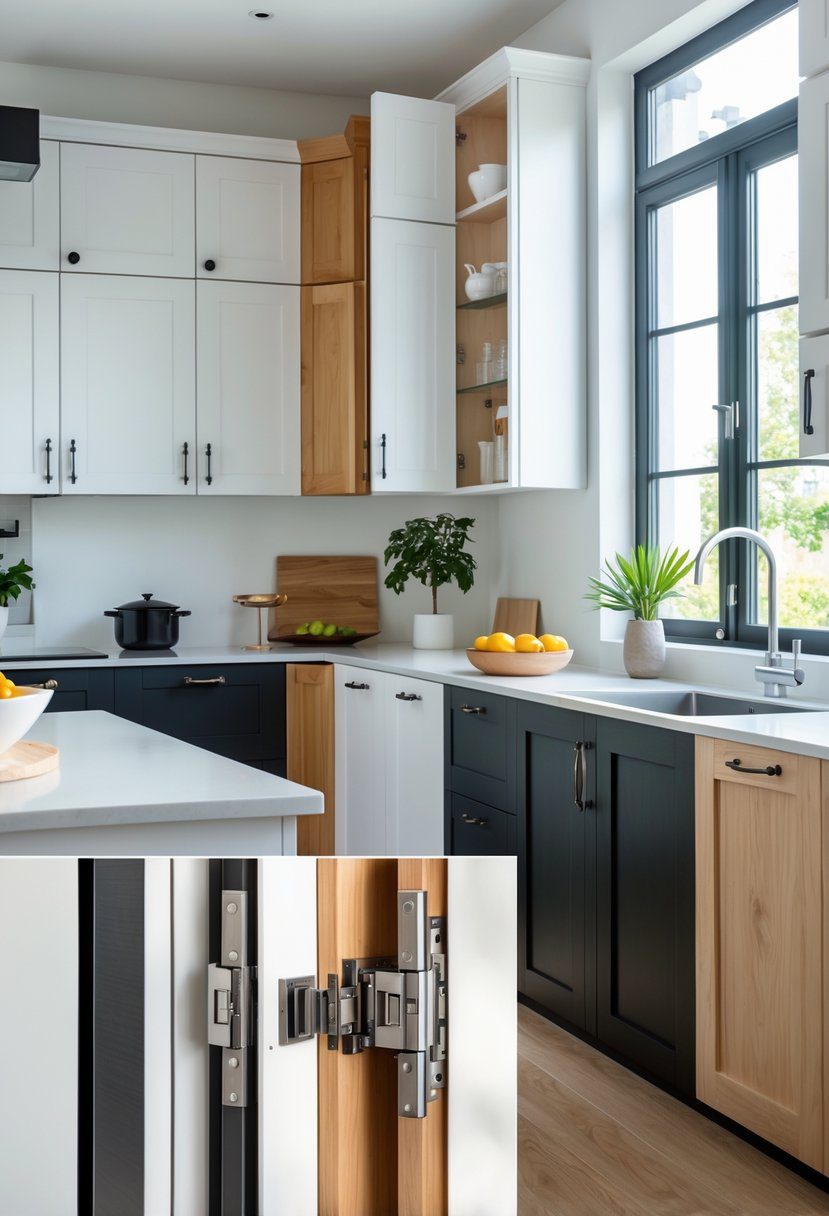 A modern kitchen with ten different kitchen cabinets open slightly to show soft-close hinges in use.