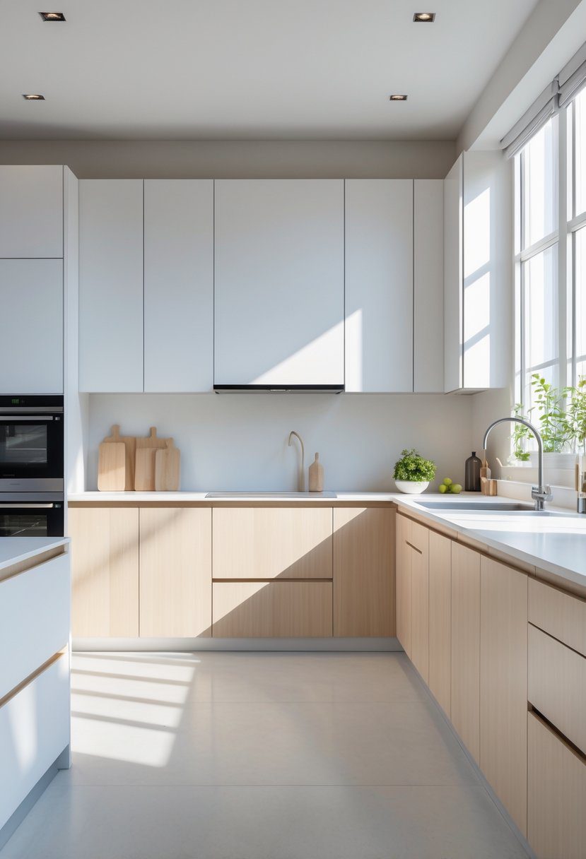 A modern kitchen with ten handleless cabinets arranged to show a clean and uncluttered space with neutral colors and natural lighting.