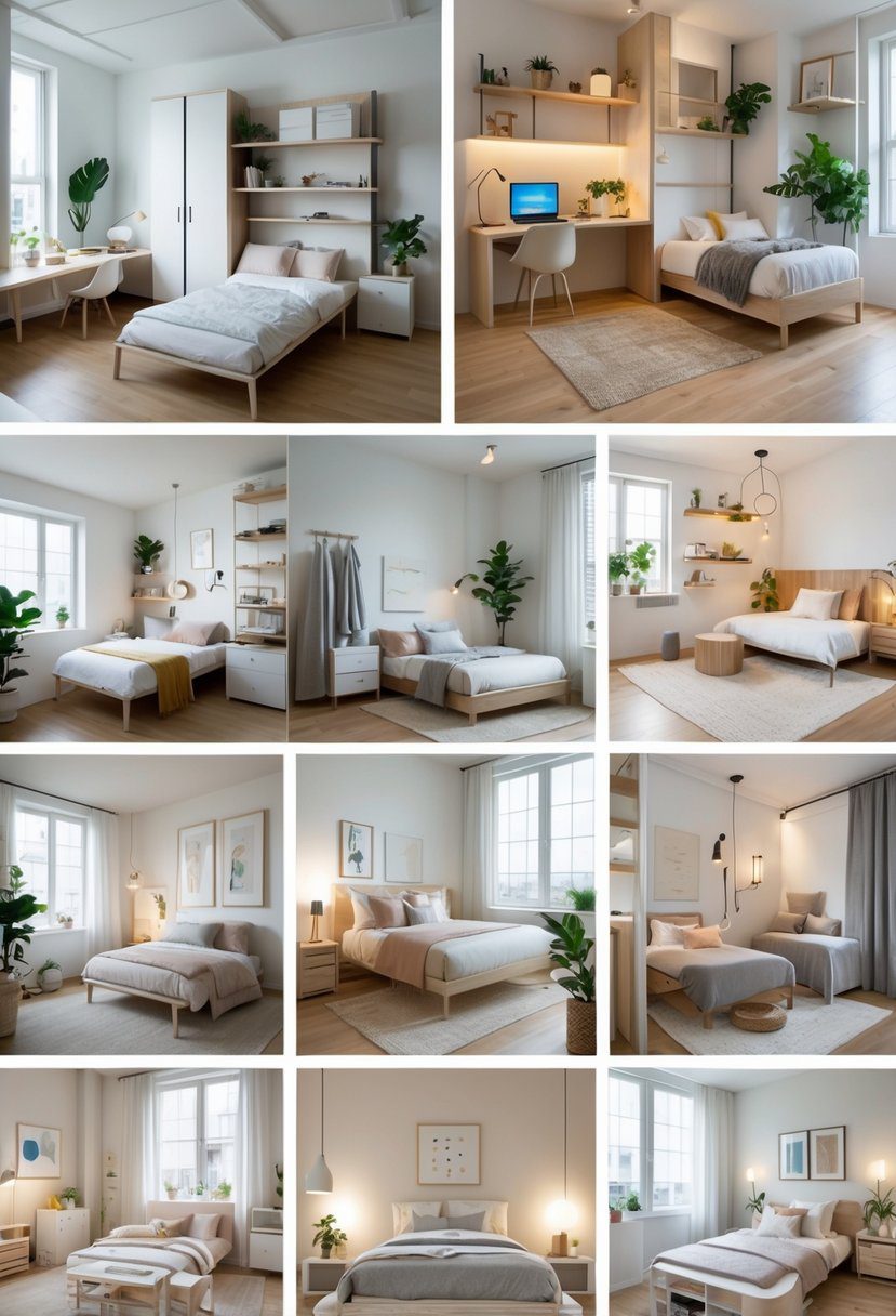 A collection of 22 different small bedroom setups showing various ways to arrange and decorate compact sleeping spaces.