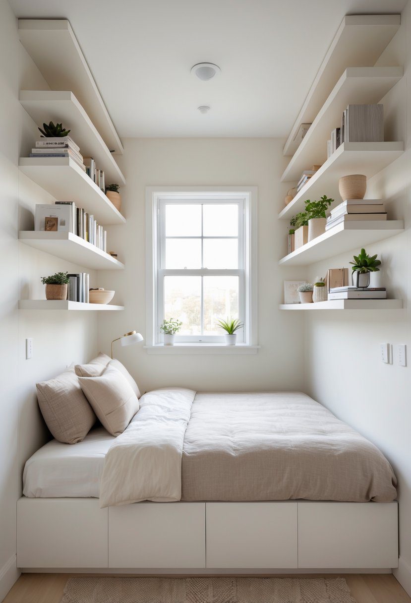 A small bedroom with built-in wall shelves above the bed, featuring a neatly made bed, books, plants, and natural light.