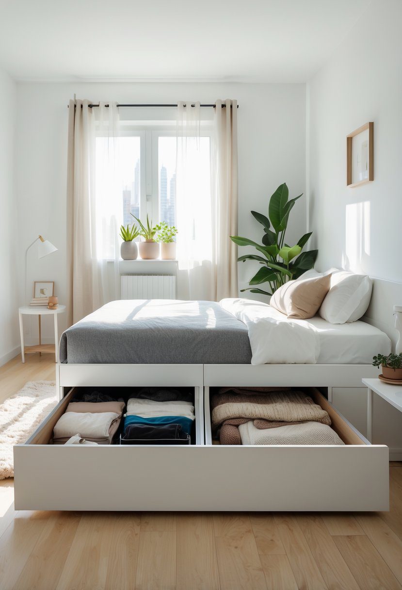 A small bedroom with a bed that has open under-bed storage drawers filled with organized items, sunlight coming through a window, and simple furniture around.