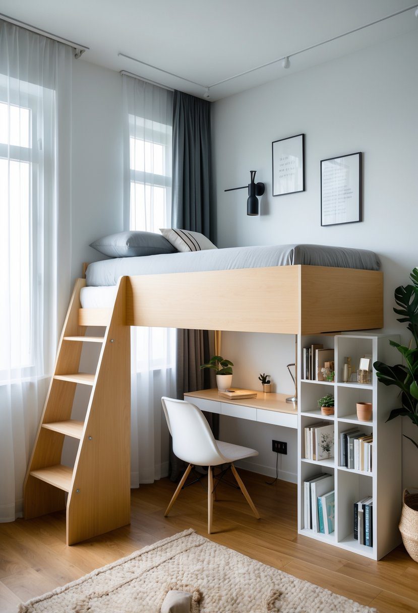 Small bedroom with a loft bed and a workspace underneath, featuring a desk, chair, and shelves.