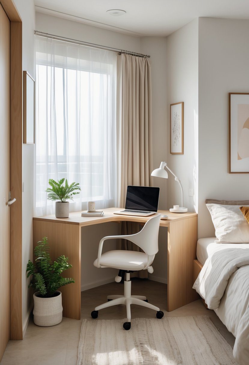 A small bedroom with a corner desk, bed, and window letting in natural light.