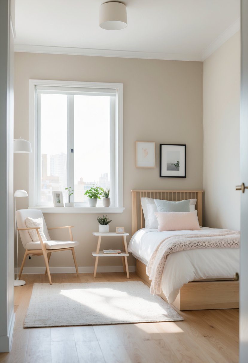 A small bedroom with light neutral walls, a neatly made bed, natural wood furniture, and a large window letting in sunlight.